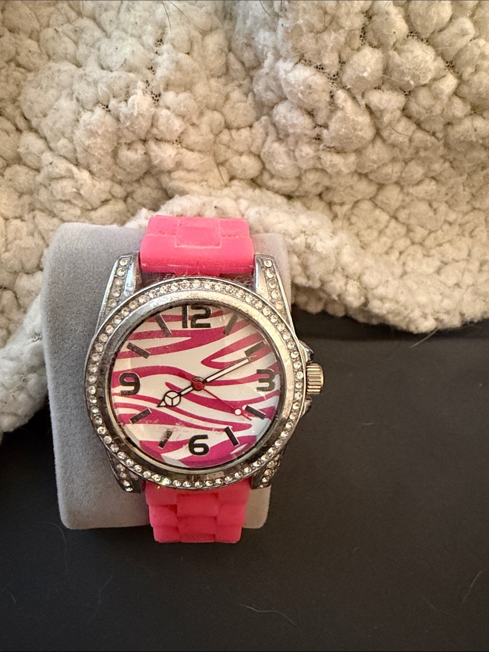 Pink Zebra Print Crystal Accent Silicone Watch